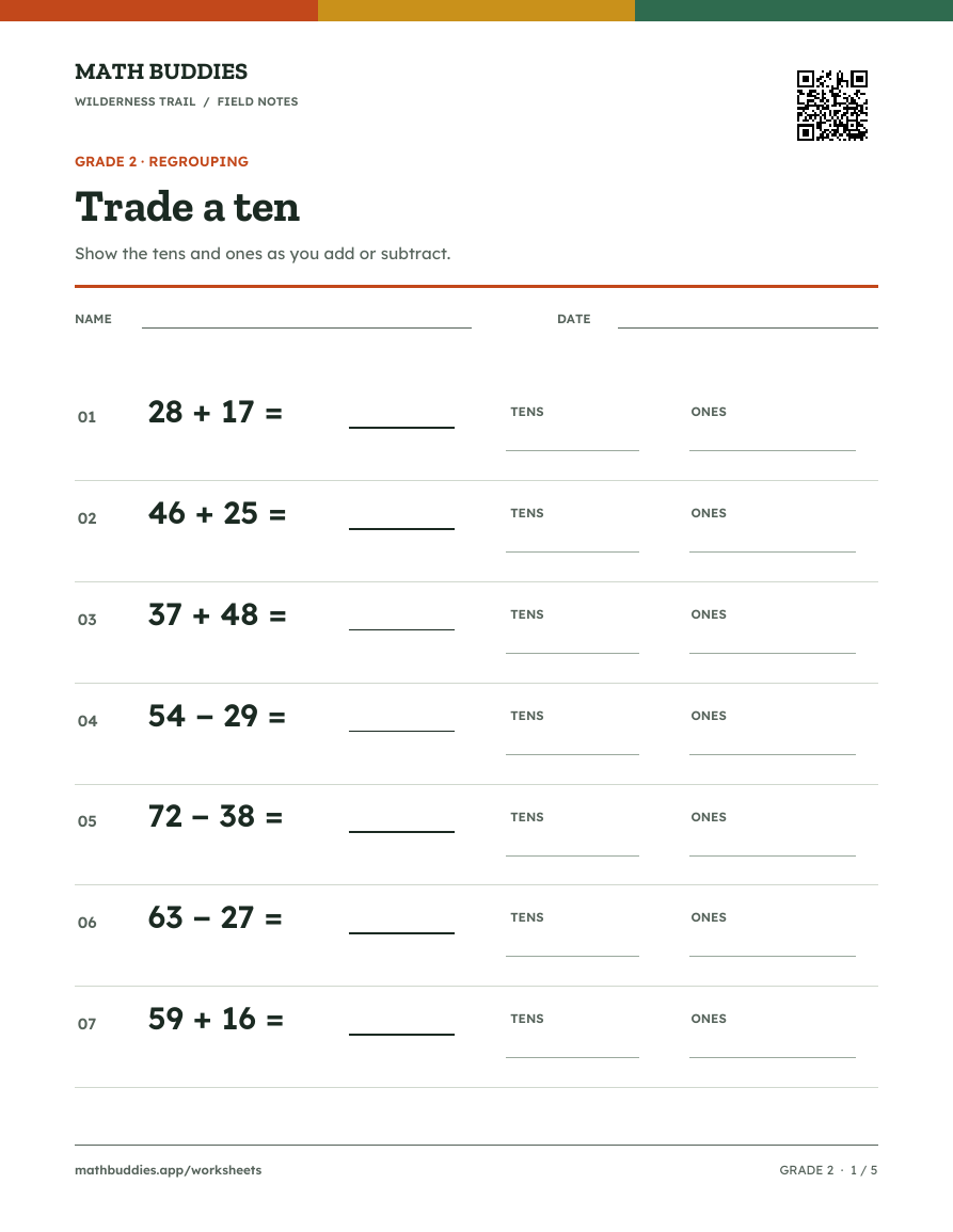 Addition and subtraction worksheet with tens and ones spaces